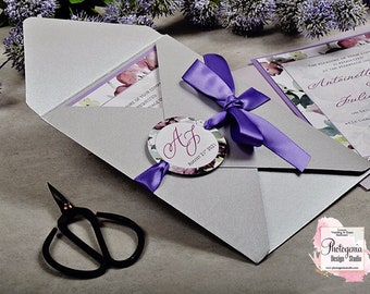 Invitación de boda Petal-Fold, Invitación de boda floral, Conjunto de bodas plateado y púrpura, Faire Part Mariage