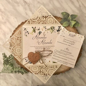 Rustic Wedding Invitation, Laser Cut Wedding Invitation, Ivory and Kraft Invitation with Engraved wood Heart image 3