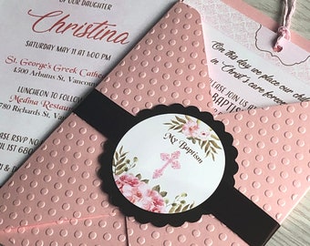 Invitación de Bautismo, Invitación de Bautizo, Primera Comunión, Invitación de Bolsillo, Anuncio de Nacimiento, Bautismo de Niña