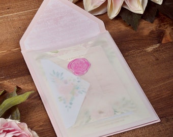 Invitación de boda, invitación de boda de vellum, invitación de sello de cera, invitación de boda personalizada, boda del jardín