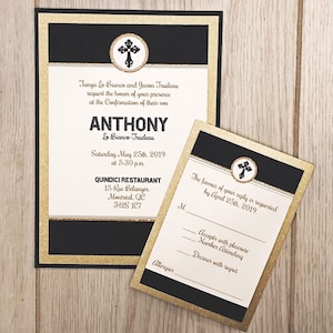 Première communion Invitation, Confirmation Invitation garçon, Baptême invitation garçon, Invitation de poche, bleu marine et or
