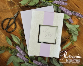 Invitación de boda de bolsillo en relieve, Invitación de boda lila y marfil, Invitación de boda, Faire Part Mariage,