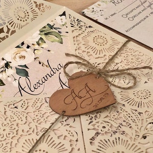 Rustic Wedding Invitation, Laser Cut Wedding Invitation, Ivory and Kraft Invitation with Engraved wood Heart image 2