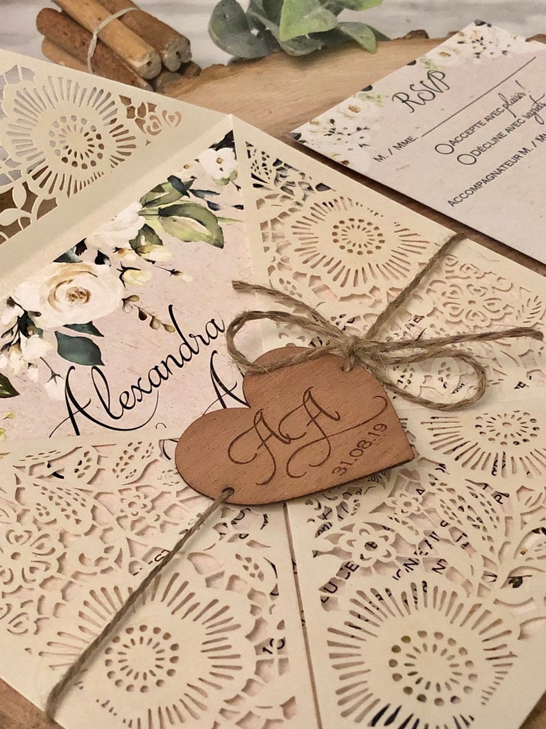 Rustic Wedding Invitation, Laser Cut Wedding Invitation, Ivory and Kraft Invitation with Engraved wood Heart image 2