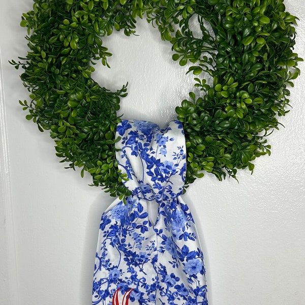 Blue and White floral wreath sash for front door, personalized embroidered spring Patriot wreath sash, custom wedding and bridal shower gift