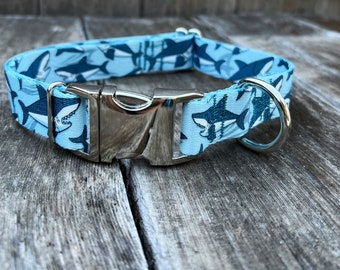 Shark Dog Collar with Aluminum Buckle, Nautical Dog Collar, Beach Collar, Adjustable Colorful Dog Collar with Metal Quick Release Buckle