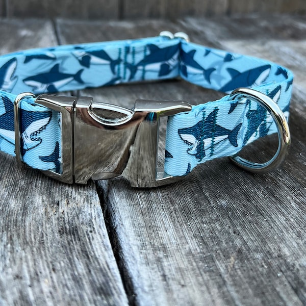 Shark Dog Collar with Aluminum Buckle, Nautical Dog Collar, Beach Collar, Adjustable Colorful Dog Collar with Metal Quick Release Buckle