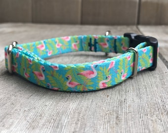 5/8” Slim Small Flamingo Dog Collar with Quick Release Buckle, Tropical Dog Collar, Narrow Thin Summer Collar for Small Dogs