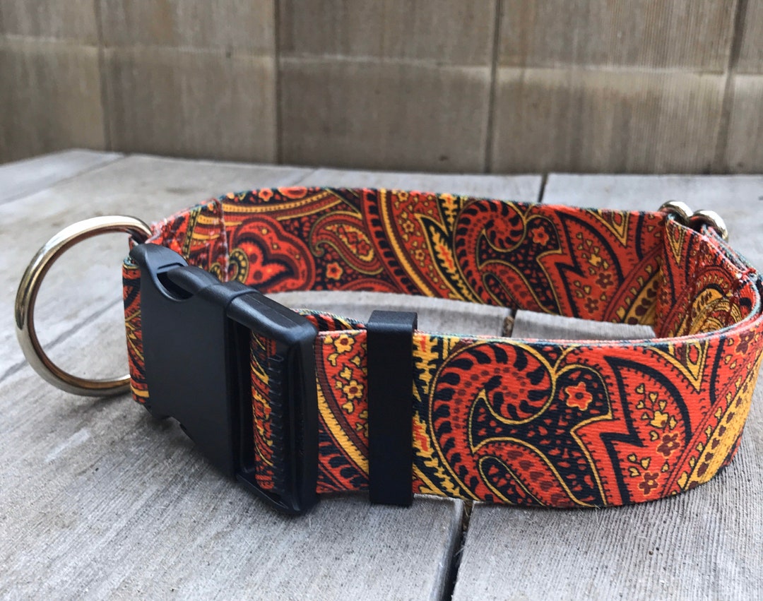 Wide XXL Dog Collar 2032, Red Paisley Tough Dog Collar, Fire Dog Collar, 1.5 Inch Dog Collar