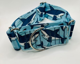 2 inch wide Martingale Dog Collar, Sharks Nautical Slip On Martingale Collar, Sighthound Collar, Greyhound Collar, Whippet Martingale Collar