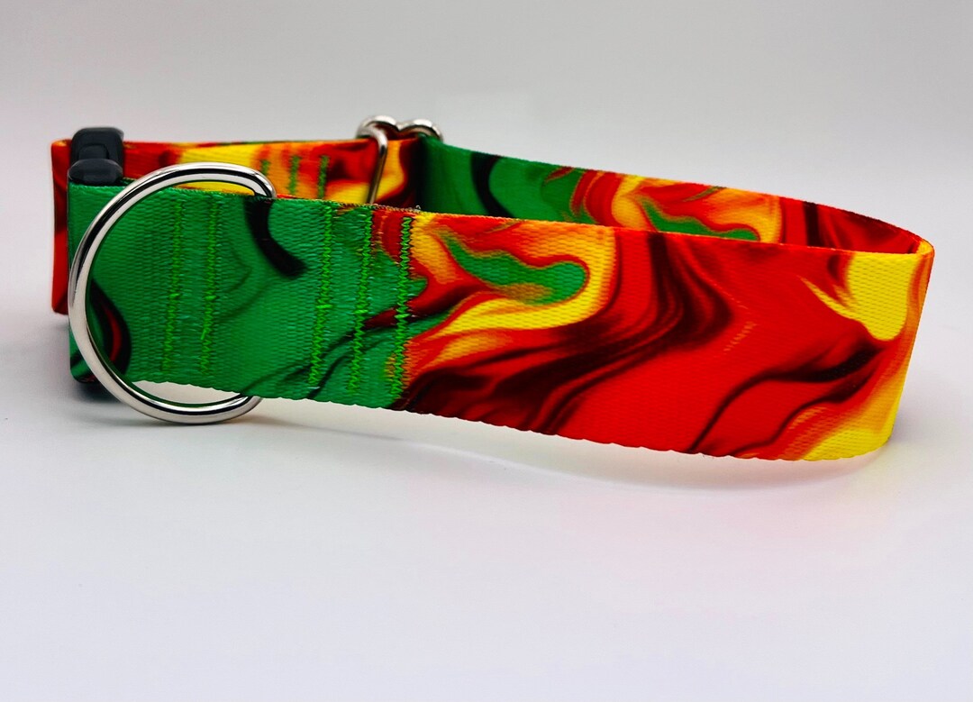 Wide Dog Collar, Green and Gold Rasta Dog Collar 1.5 Inch Wide Collar