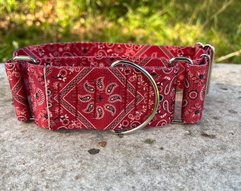 2 Inch Wide Red Bandana Western Print Martingale Dog Collar: Sighthound, Greyhound, Whippet