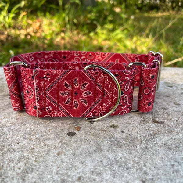2 Inch Wide Red Bandana Western Print Martingale Dog Collar: Sighthound, Greyhound, Whippet