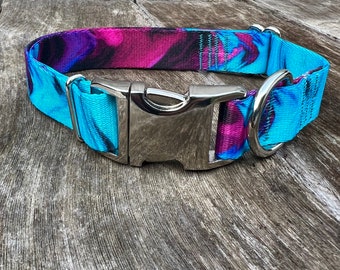 Collar para perro de 2,5 cm (1 pulgada) color morado azulado jaspeado, ajustable, de poliéster, con hebilla metálica.