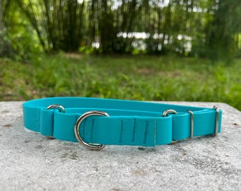 Collar Martingala Impermeable para Perros: PVC Suave, Ajustable, Azul