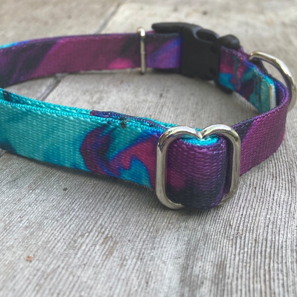 Petit collier pour chien mince de 5/8 po. coloré violet et bleu sarcelle avec boucle à dégagement rapide, collier végétalien étroit et fin pour petits chiens