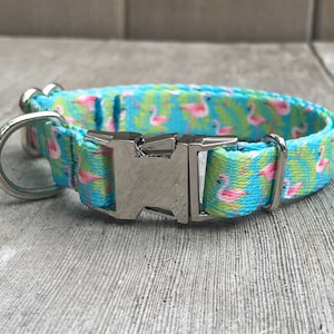 5/8” Slim Small Flamingo Dog Collar with Metal Buckle, Tropical Summer dog collar, Narrow Thin, dog collar for small dogs