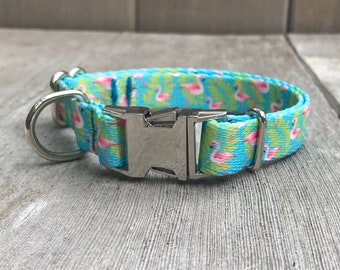 Collar para perros de raza pequeña con diseño de flamenco, estampado tropical veraniego, hebilla metálica, 1,6 cm de ancho.