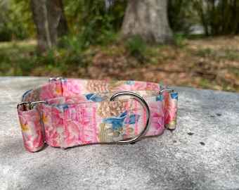 Pink Floral Martingale Dog Collar 1.5 inch wide, Slip On Martingale Dog Collar, Sighthound Collar, Greyhound Collar