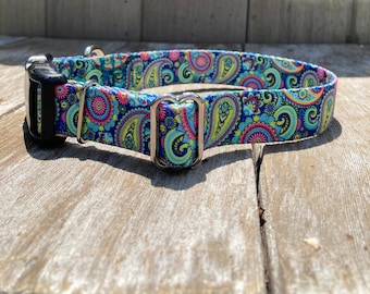 Collar para perro de 2,5 cm con estampado paisley colorido, fabricado en EE. UU. con cinta de poliéster.