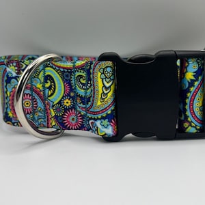 2 Inch Wide Dog Collar, Colorful Blue and Pink Paisley Extra Wide collar adjustable for big dogs Quick Release Buckle