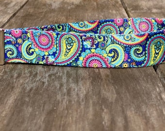 May include: A blue, yellow, pink and green paisley patterned key chain with a silver key ring.