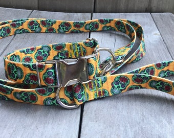 Sugar Skull Matching Collar and Leash Set, Day of the Dead Dog Collar and Matching Leash, Leash for Dogs, Summer Floral Dog Collar and Leash