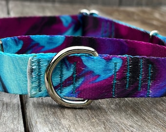 1 inch wide Soft Purple and Teal Martingale Dog Collar, Adjustable Slip On Martingale Collar, Limited Slip