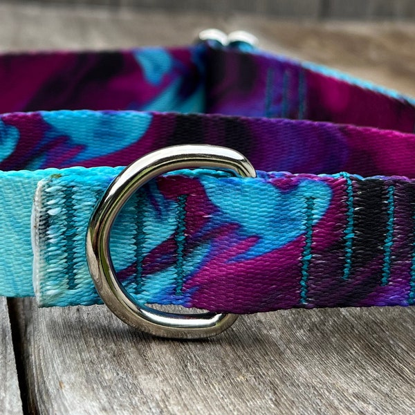 1 inch wide Soft Purple and Teal Martingale Dog Collar, Adjustable Slip On Martingale Collar, Limited Slip