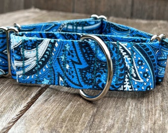 May include: A blue and white paisley patterned dog collar with silver hardware.