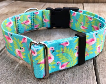 Coleira para cachorro de 1,5 pol. de largura, coleira para cachorro com flamingo, coleira para cachorro de verão, coleira para cachorro de praia, presente para cachorro, coleira tropical
