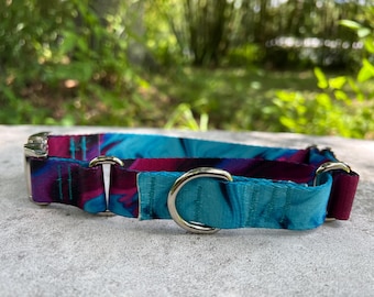 1 inch wide Soft Purple and Teal Martingale Dog Collar, Adjustable Buckle Martingale Collar, Limited Slip aluminum buckle