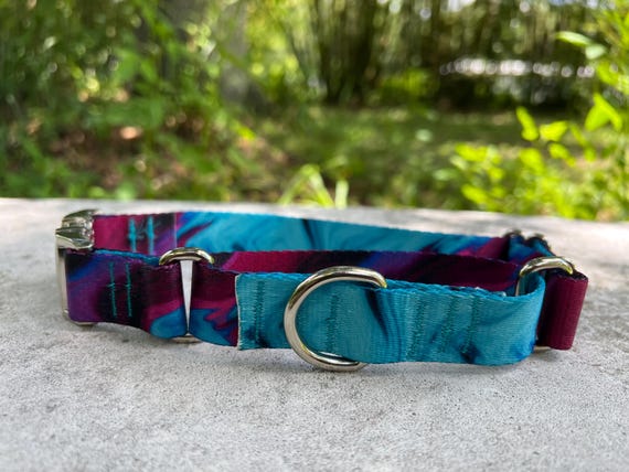 1 inch wide Soft Purple and Teal Martingale Dog Collar, Adjustable Buckle Martingale Collar, Limited Slip aluminum buckle