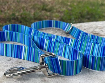 Blue & Green Striped Dog Leash: Polyester Webbing, Multiple Lengths