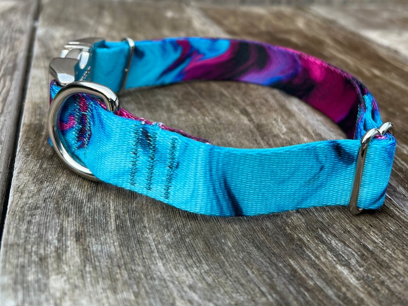 May include: A blue and purple patterned dog collar with a silver buckle and D-ring.