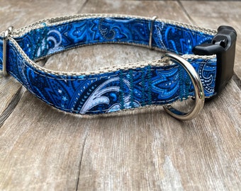 Collar para perro con estampado paisley azul, collar ajustable de cinta de 2,5 cm (1 pulgada).