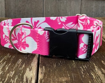 1.5 inch Adjustable Pink Hawaiian Floral Dog Collar, Tropical Luau Style