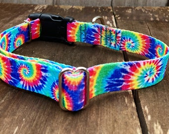 1 inch wide Rainbow Tie Dye Dog Collar, USA Made Polyester, Quick Release