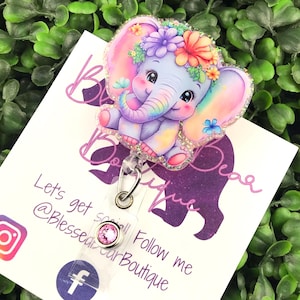 Floral Elephant Badge Reel | Handmade Glitter Retractable ID Holder
