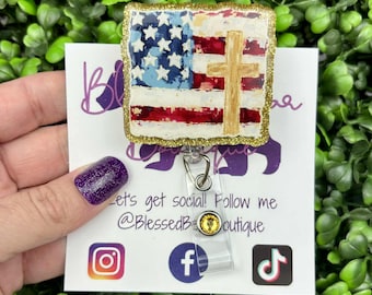 American Flag Cross Badge Reel, Patriotic Nurse ID Holder, Christian Retractable Clip