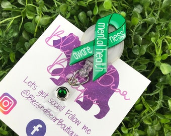 Mental Health Awareness Badge Reel | Green Awareness Ribbon ID Holder