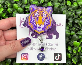 Tiger Badge Reel | Purple & Gold Team Spirit Retractable ID | Nurse Gift