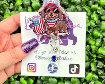 Patriotic Dachshund Badge Reel | USA Wiener Dog ID Holder
