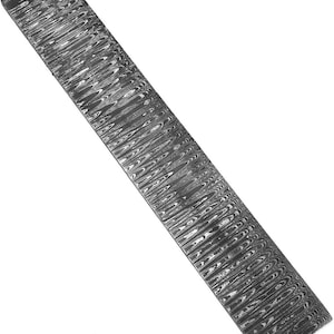 May include: A rectangular piece of steel with a unique, wavy pattern. The steel has a dark, mottled appearance with lighter streaks, creating a textured, almost wood-grain effect. The shape is long and narrow, suitable for a knife blade.