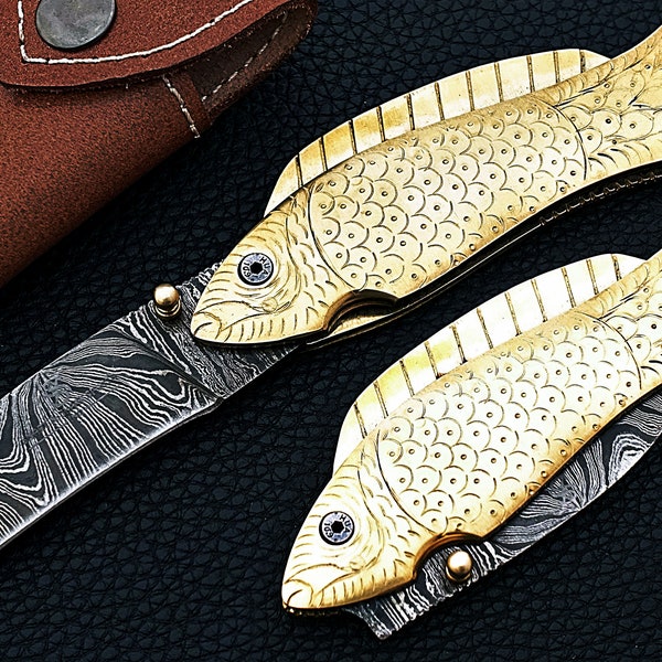 Custom Handmade Damascus Steel Fish Knife/Folding Knife/Pocket Knife SS-17370