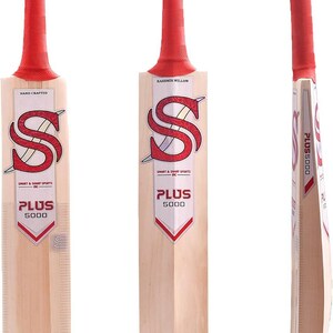 May include: Three cricket bats with red grips and the text "PLUS 5000". The bats have a light wood finish with a red and white "SS" logo. The text "HAND CRAFTED" and "KASHMIR WILLOW" are visible.