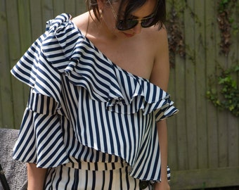 Womens Ruffle Top, One Shoulder Out Top, Frill Top,  Summer wear, Holiday wear, Party wear, Going out top, Stripes, Navy, White, Non iron,