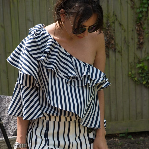 Womens Ruffle Top, One Shoulder Out Top, Frill Top,  Summer wear, Holiday wear, Party wear, Going out top, Stripes, Navy, White, Non iron,