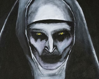 May include: A painting of a nun with a white habit and a black veil. Her eyes are glowing yellow and her expression is menacing. The background is black.
