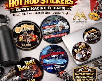 Hot Rod Stickers – Vintage Drag Racing Cars, Nostalgia AAFA Decals – Pure Hell, Rat Trap, Nanook, Challenger, Old School Car Art